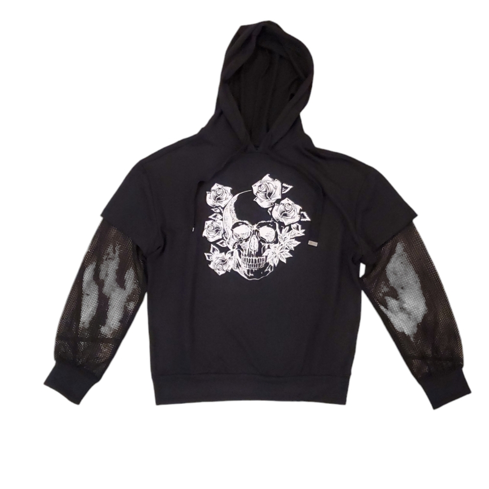 Almost Famous‎ Women's Skull & Roses Mesh Sleeves Pullover Hoodie Medium